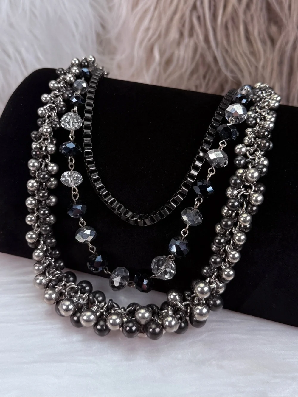 Beautiful, 3 strand, multi chain, black gunmetal beaded costume draping necklace
